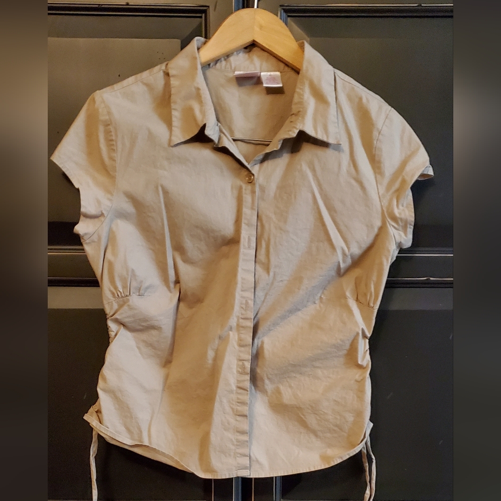 Beige Short-Sleeve Blouse with Drawstring